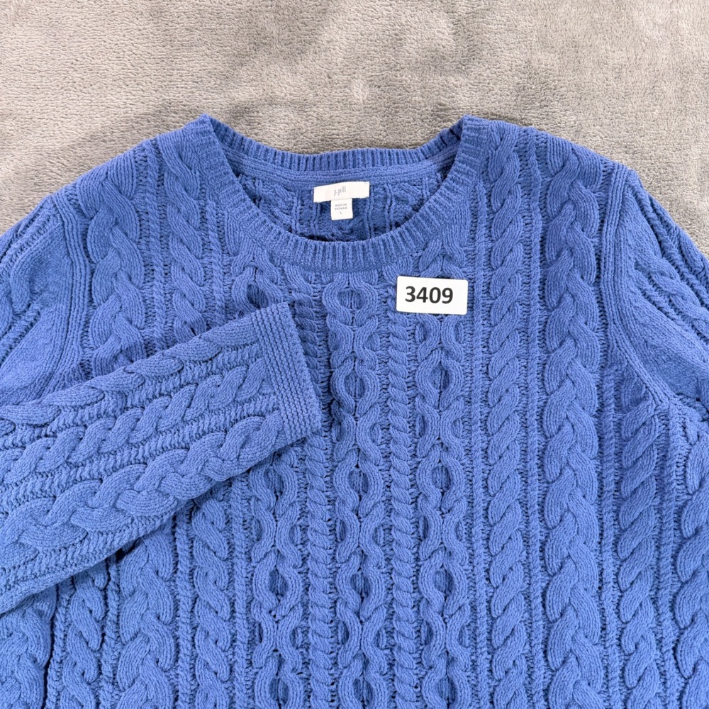 J. Jill Sweater Womens Large Blue Chenille Cable Knit Crewneck Pullover 210881